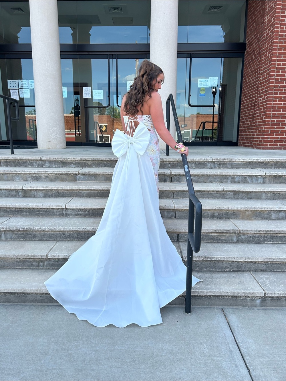 Azazie Floral Sequin Prom Dress White Open-Back Gown with Bow Train
